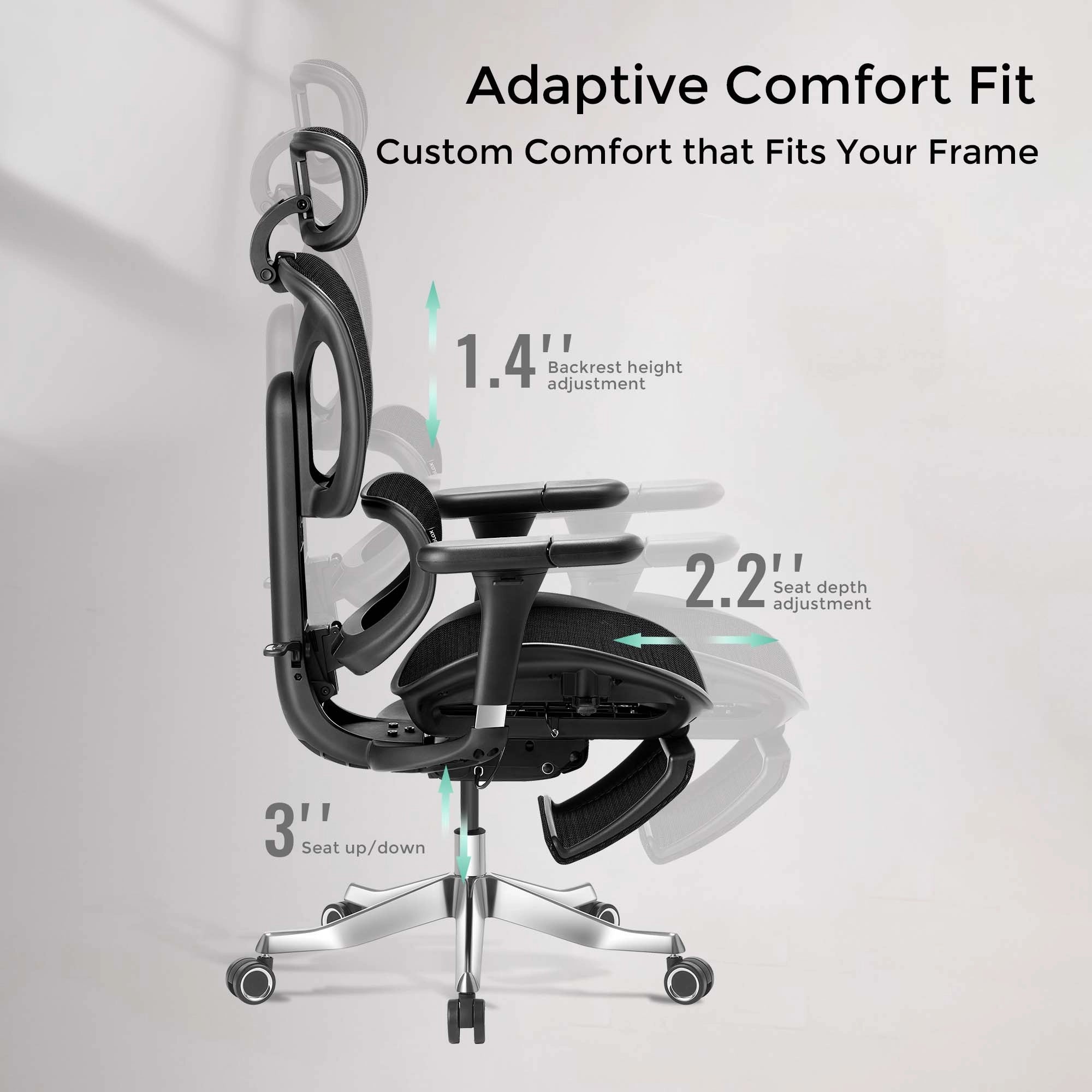 Ergonomic office chair side view, adjustable headrest and armrests with black mesh back.