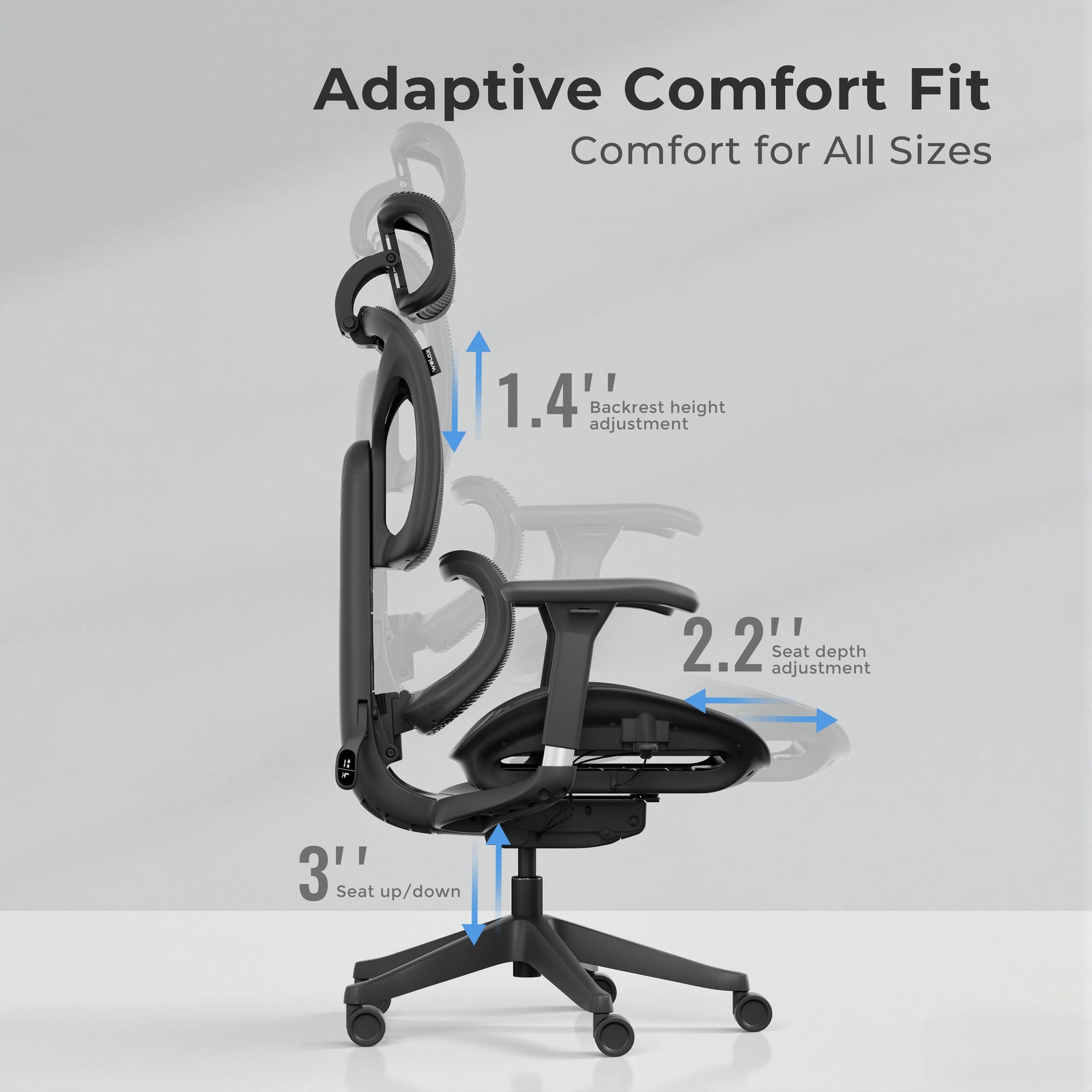 Black ergonomic office chair side view showing adjustable seat and back positions