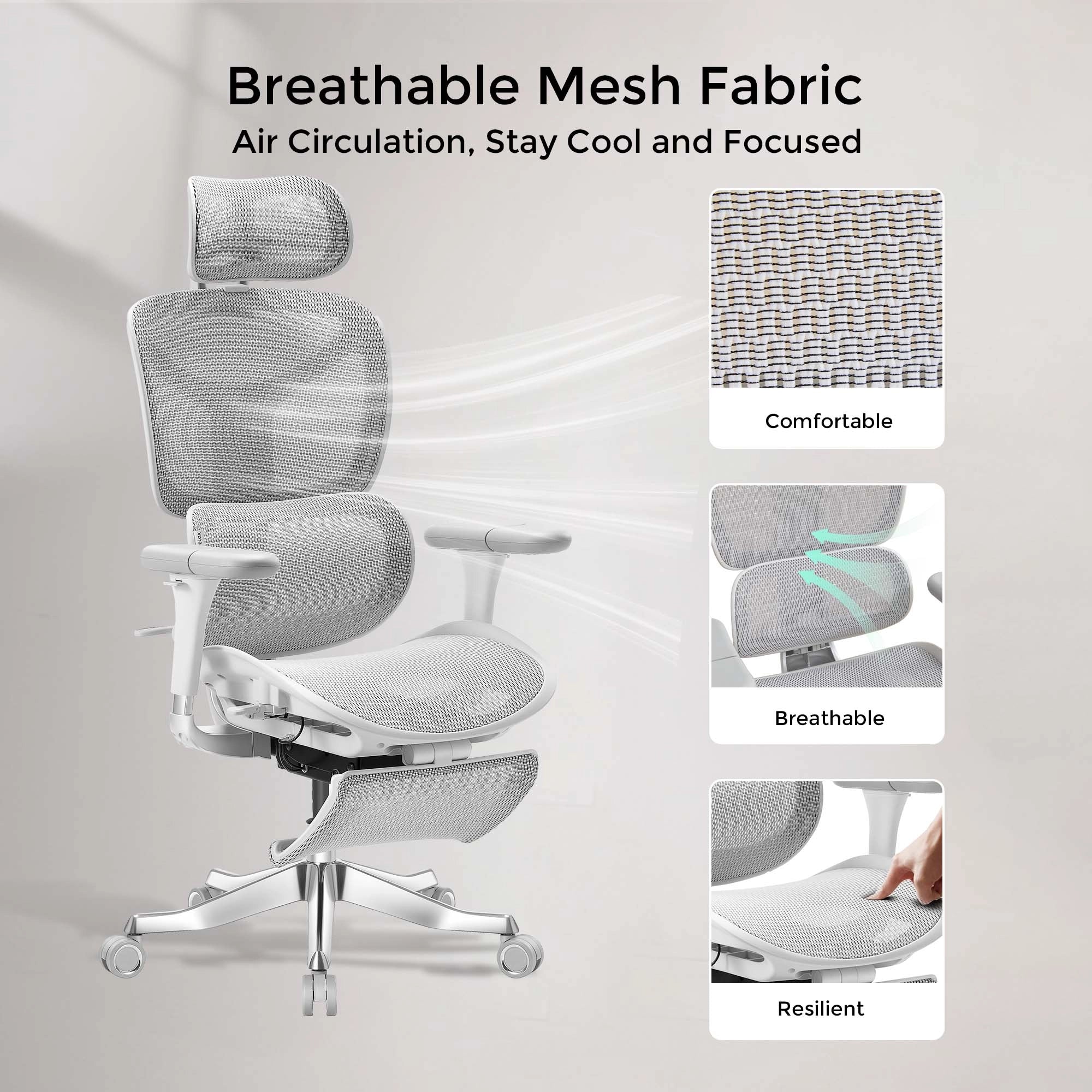White ergonomic office chair with breathable mesh upholstery and molded armrests.