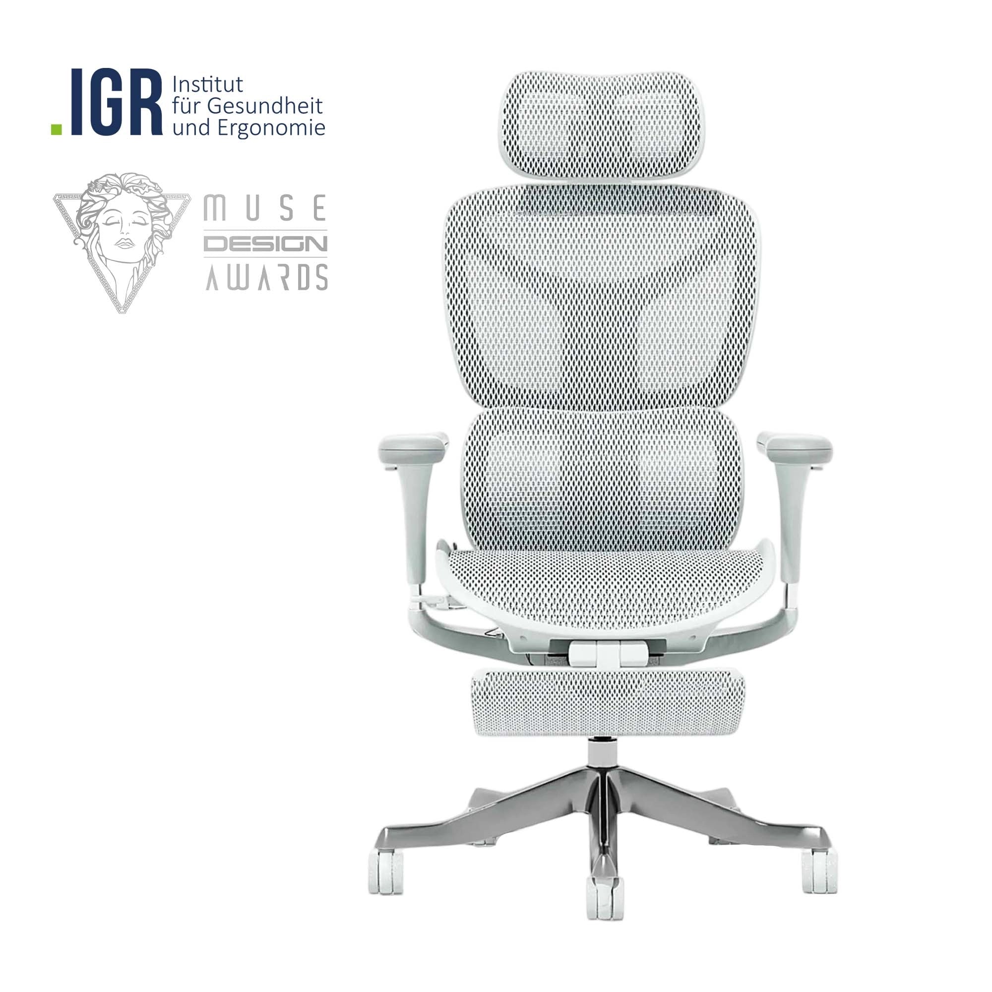 White ergonomic office chair viewed from the back, with mesh headrest