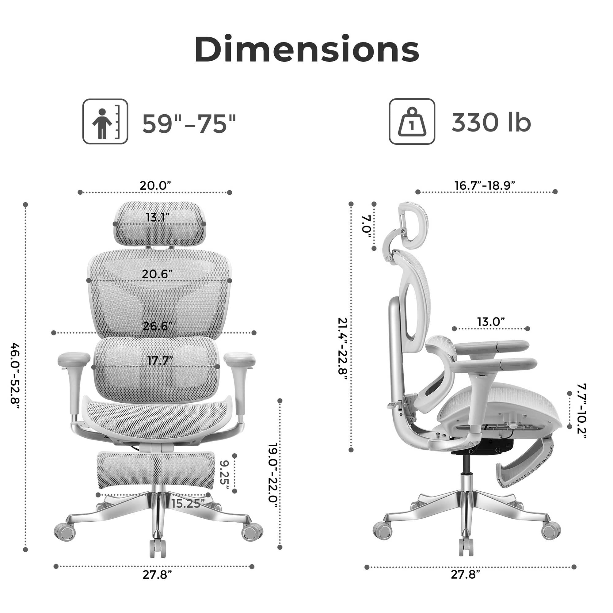 Ergonomic office chair dimension diagram with front and side view measurements