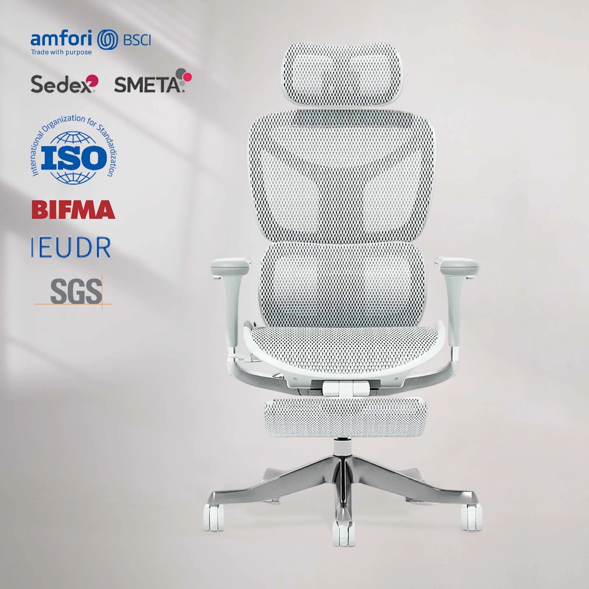 White ergonomic office chair with mesh back, contoured seat, and caster base.