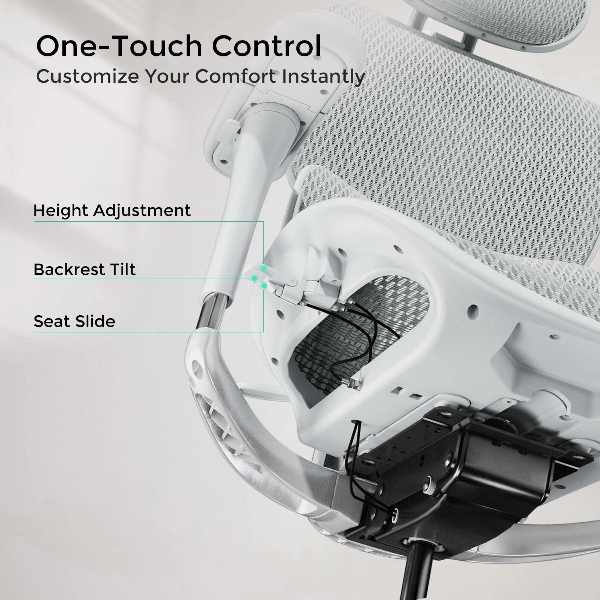 White ergonomic office chair, exposed underside with seat adjustment mechanism.