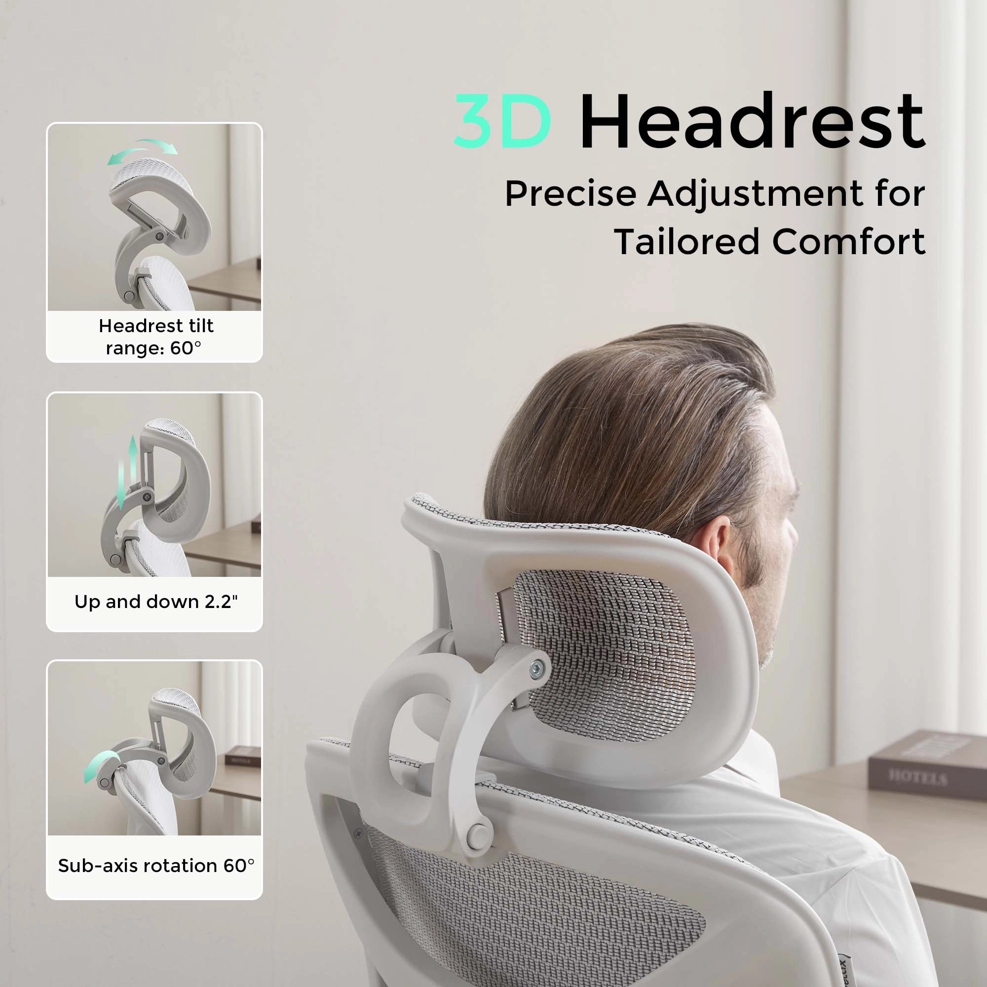 White ergonomic office chair with 3D adjustable headrest over breathable mesh back.