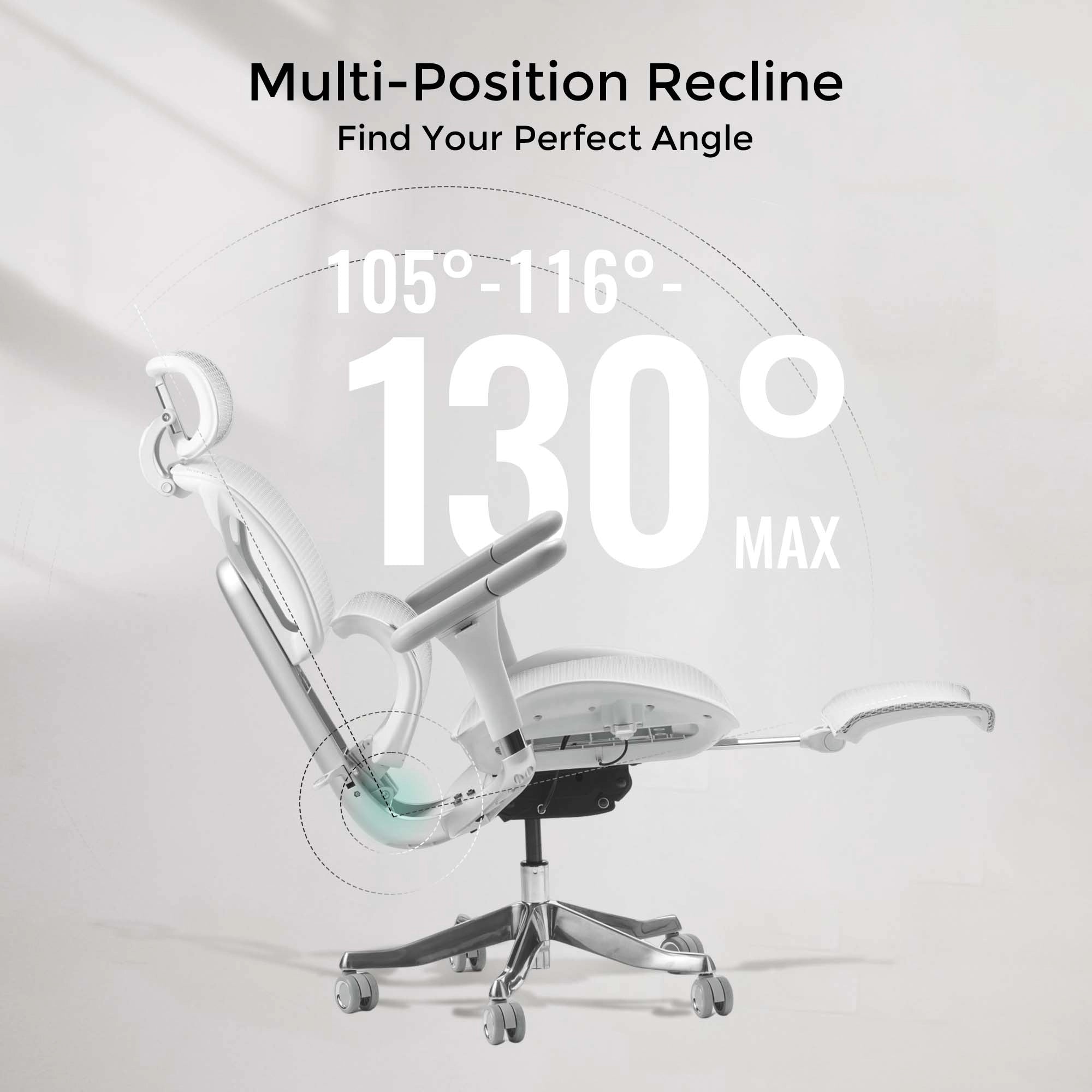 White ergonomic office chair multi-position recline with extended leg support.