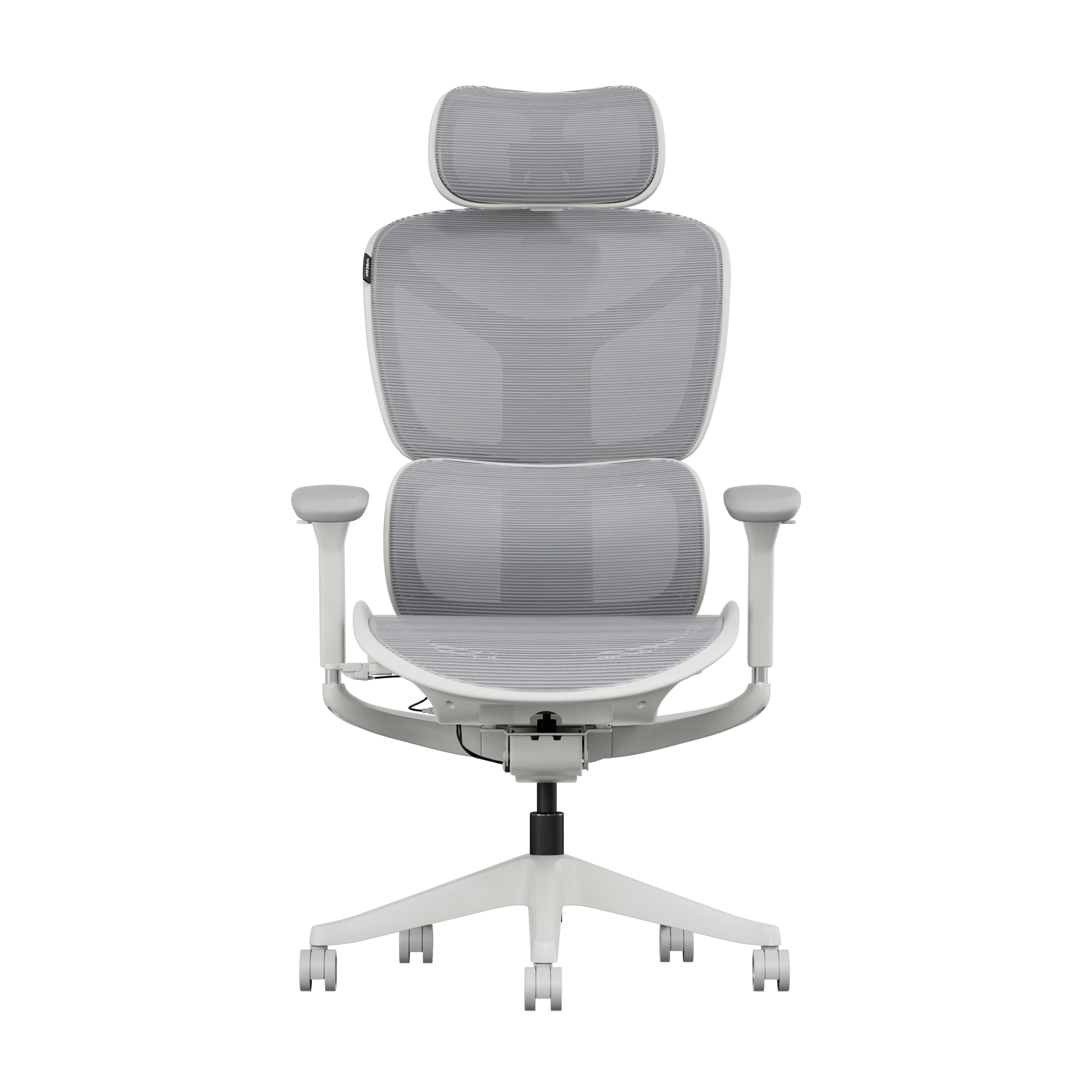White office chair with gray headrest and backrest, cushioned seat, and five-wheel base