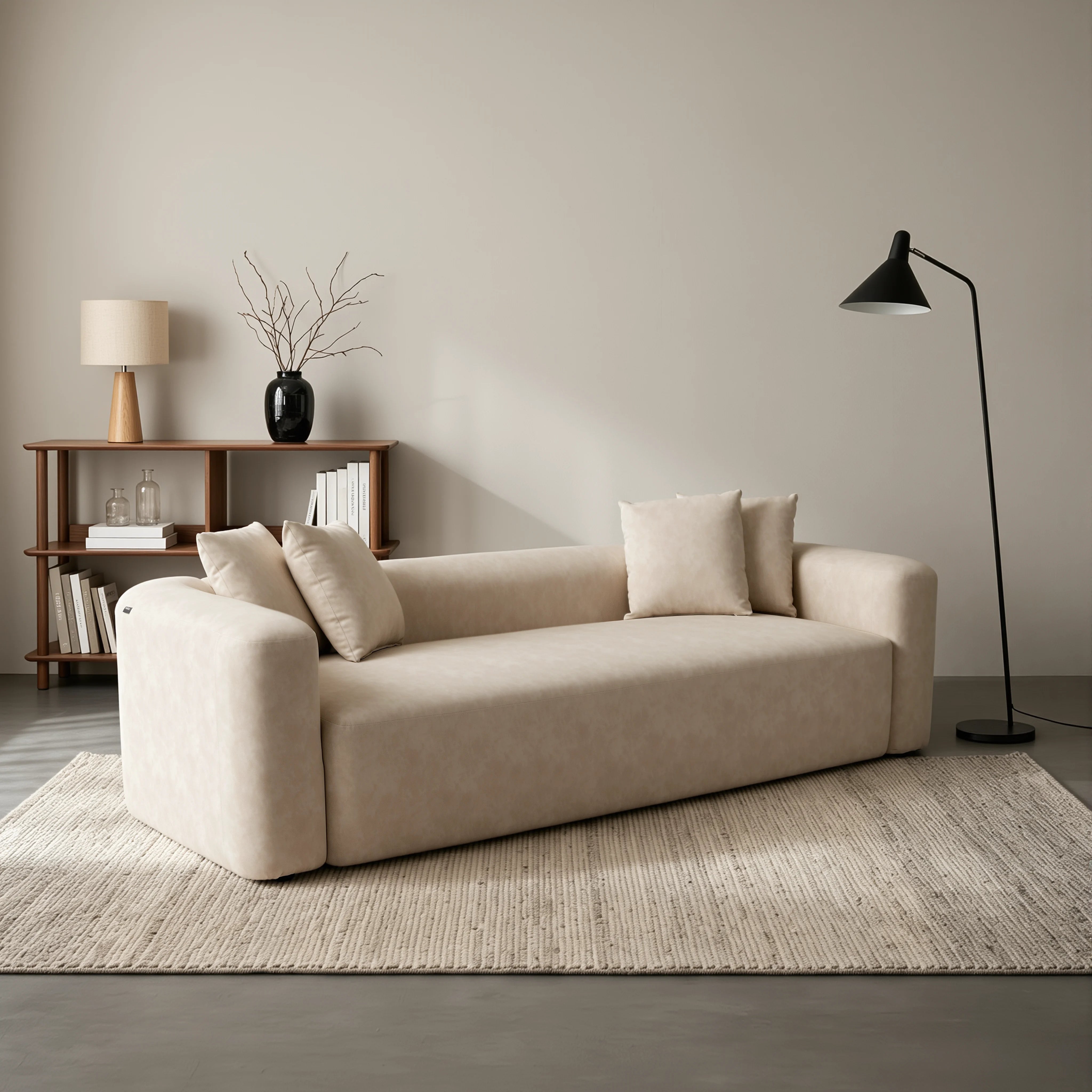 Cream minimal one-piece sofa with wide arms and three back cushions.