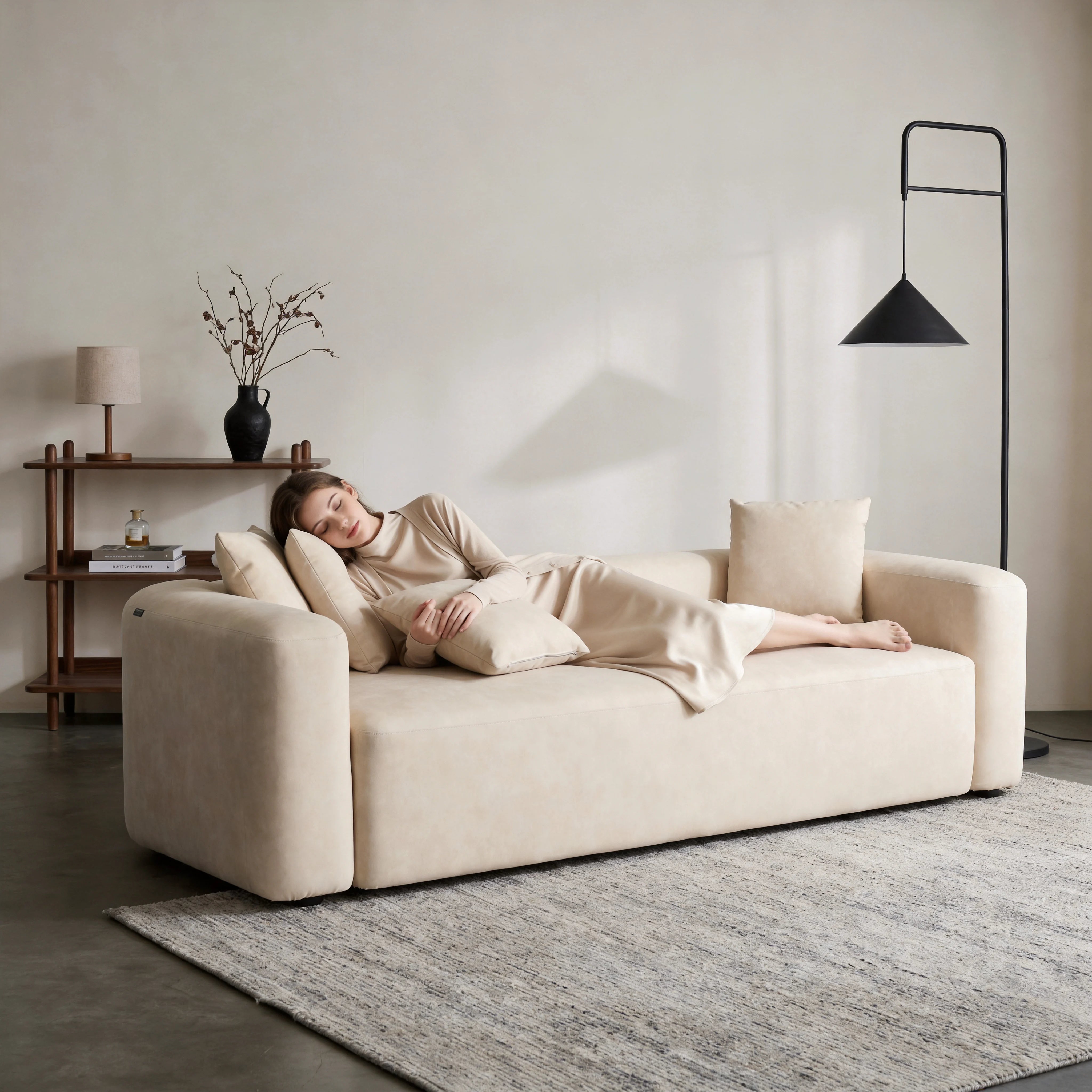 Cream minimal one-piece sofa with padded back cushions and two throw pillows.