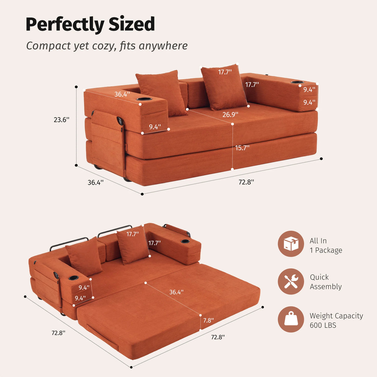 Orange compressed modular sofa set with compact fold-out bed and labeled dimensions